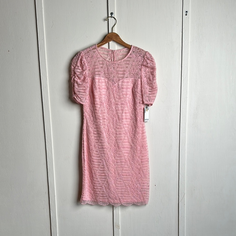 Chic Pink Lace Dress with Puff Sleeves